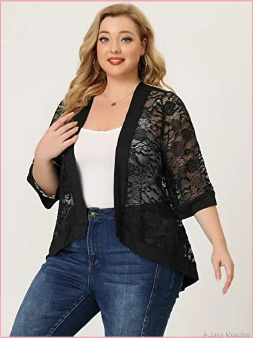Plus Size 3/4 Sleeve Open Front Lace Shrug Cardigan